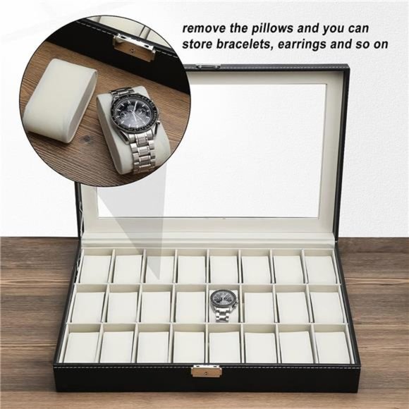 24 Slot Black Leather Watch Box ,Metal Buckle Watch Storage w/ Removable Pillow - Picture 6 of 6
